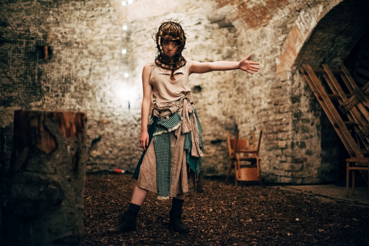 circus artist in costume, holding hand out left