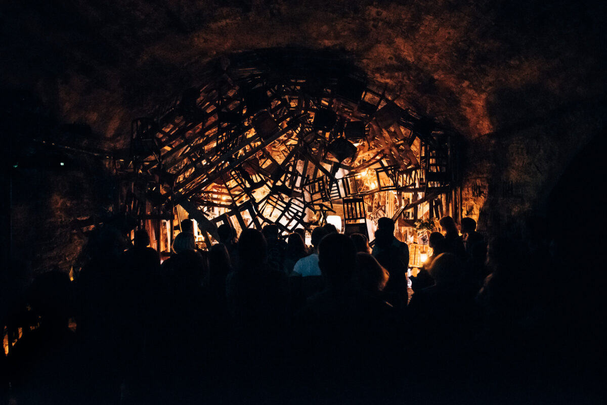 crowd looking at installation art 