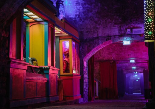 A photo of the box office and walkway towards tunnels.